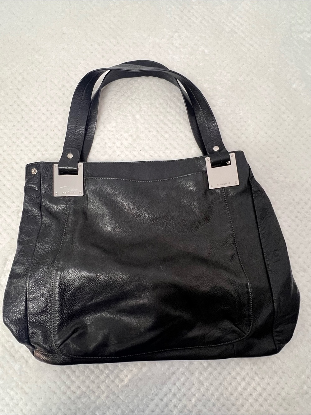 Liz Claiborne Black Leather Shoulder Tote with Silver Accents